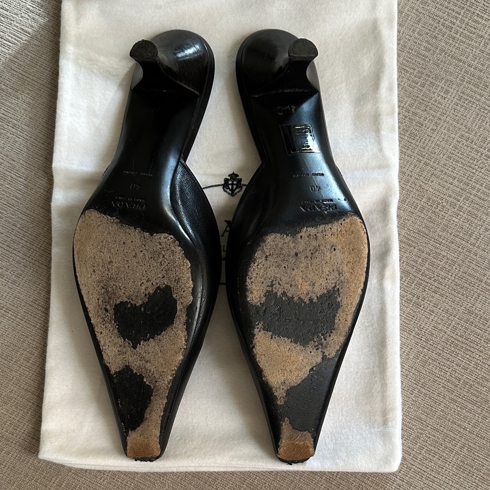 Prada Black Leather Pointed Toe Mules with Silver Hardware - Picture 2 of 4